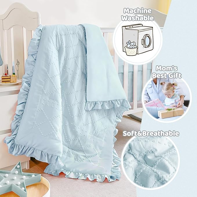 Wowelife Baby Crib Bedding Set for Girls, 3 Piece Boho Crib Comforter Set Ruffle, Baby Boy Crib Bedding Set Nursery Blanket Set Neutral Include Quilted Comforter, Crib Skirt and Sheet, Blue