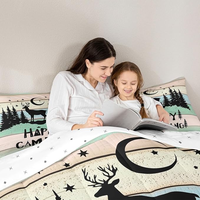 Camper Decor Quilt Bedding For Full Rustic Farmhouse Camping Comforter Set Woodland Animal Deer Rv accessories Bedding Sets Gifts For Teen Boys Girls Black Green Wooden Board Bunks Decor 2 Pillowcases