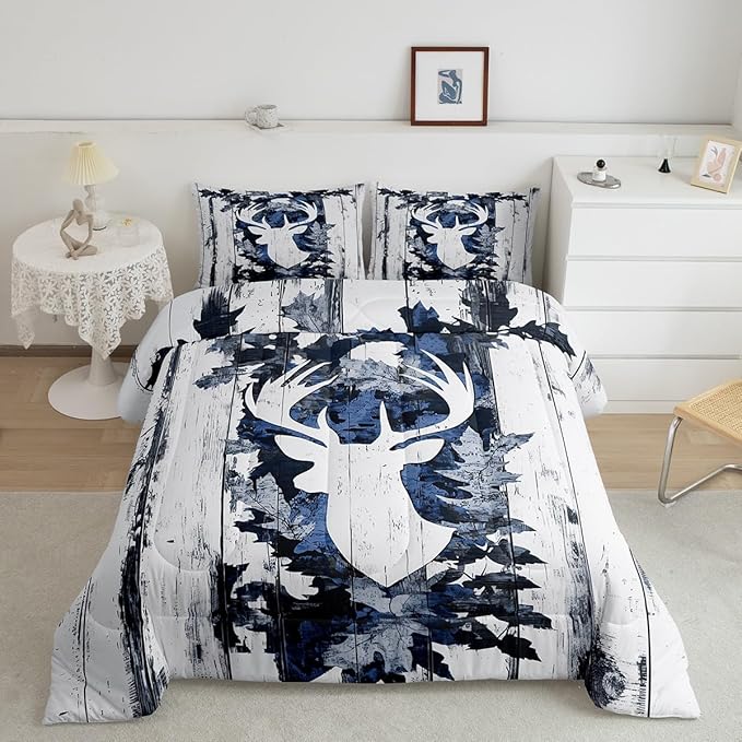 Feelyou Camo Deer Bedding Set Queen Size, Deer Hunting Comforter for Kids Boys Girls, Army Camouflage Comforter Set, Western Duvet Insert, Microfiber Bed Set