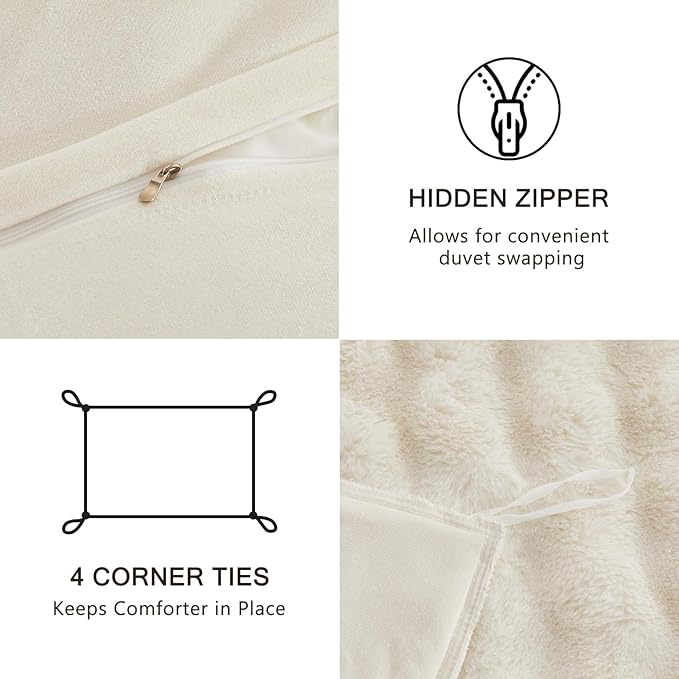 EMME Faux Fur Duvet Cover King Size, 3 Pieces Ultra Soft Fluffy Comforter Cover, Cozy Warm for Winter, Luxury Elegant Shaggy Bubble Design Bedding, 1 Duvet Cover & 2 Pillow Shams (King, Cream White)