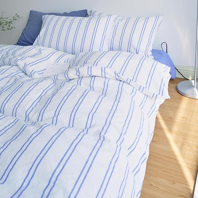 LifeTB Striped Duvet Cover Set Queen, 3 Pieces Blue Stripes Pattern Printed Comforter Cover, 100% Washed Cotton Retro Striped Bedding Set, Comfy Soft Cotton Breathable Duvet Cover Queen Size
