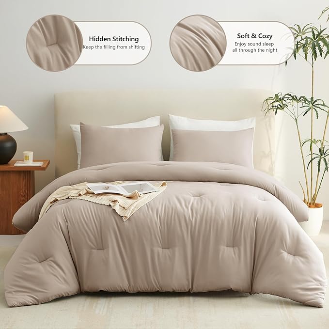 CozyLux Queen Comforter Set Wheat, 3 Pieces Solid Queen Comforter Breathable Quilted Bedding Sets, Luxury Soft Bed Sets with Down Alternative Comforter for All Season (1 Comforter & 2 Pillowcases)