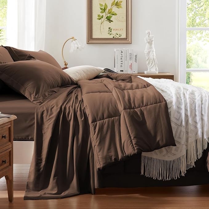 Anluoer Queen Comforter Set 7 Piece, Brown Bed in a Bag with Comforters, Pillow Shams, Pillowcases, Flat Sheet, Fitted Sheet