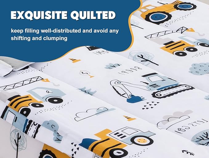 Meeting Story 3pcs Kids Comforter Sets Zipper Bedding Set for Boys,Twin Kid Bedding Set Car Comforter Construction Bedding for Kid,All in one Zipper Bedding（White,Twin）
