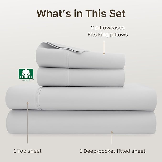 California Design Den Deep Pocket King Sheet Set - 400 Thread Count Sateen, Natural 100% Cotton Bed Sheets King Size with All Around Elastic, Soft, Durable Bedding - Silver