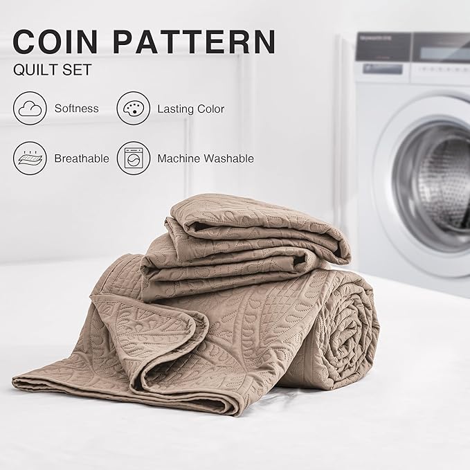 Love's cabin King Size Quilt Bedding Set Burlwood Bedspreads - Bed Lightweight Bedspread Comforter - Coin Pattern Bedding Coverlet for All Season - 3 Pieces (1 Quilt, 2 Pillow Shams)