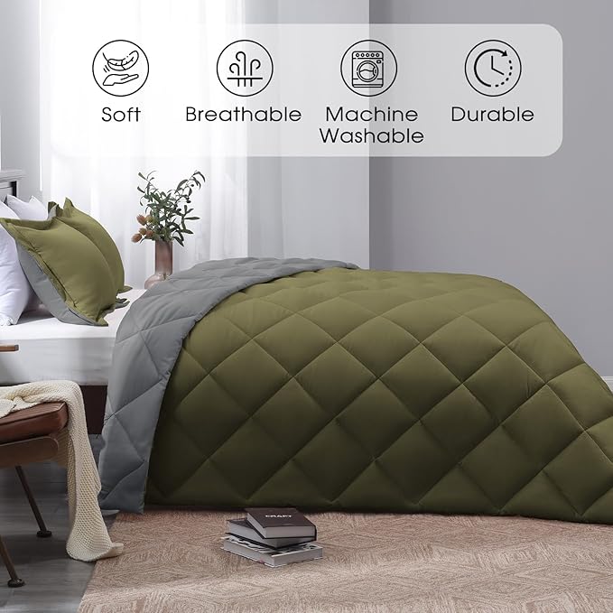 Beyond Twin Comforter Set - Olive Green/Charcoal Gray, Reversible, All Seasons - 1 Comforter (66"x92") and 1 Pillow Sham (20"x26"+2")