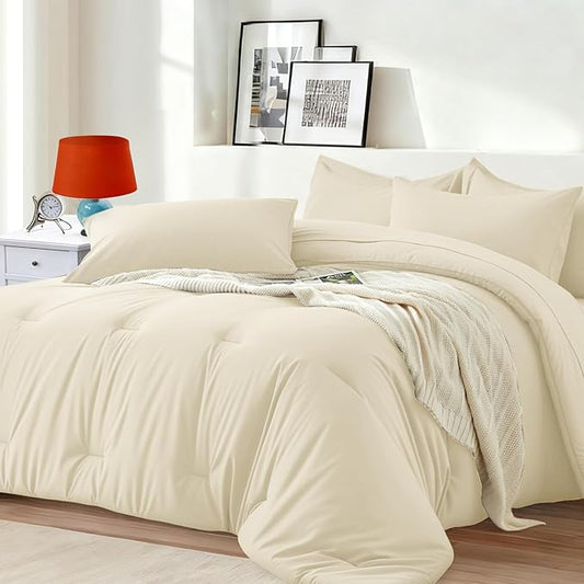 California King Size Comforter Set 7 Pieces - Soft Bed in a Bag King Bed Set, Cozy Luxury Bedding Sets with All Season Comforter, Flat Sheet, Fitted Sheet, 2 Pillowcases & 2 Shams, Beige