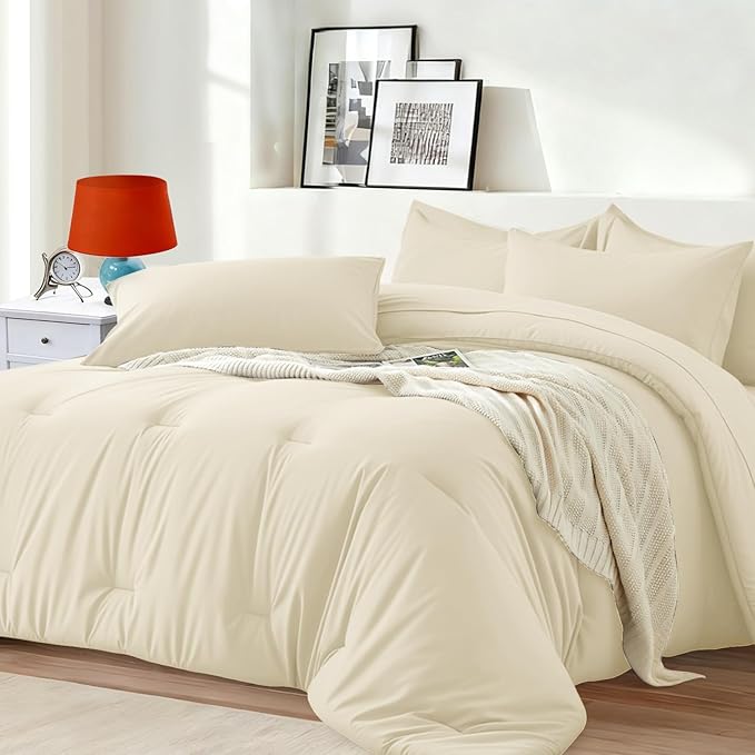 King Size Comforter Set 7 Pieces - Soft Bed in a Bag King Bed Set, Cozy Luxury Bedding Sets with All Season Comforter, Flat Sheet, Fitted Sheet, 2 Pillowcases & 2 Shams, Beige