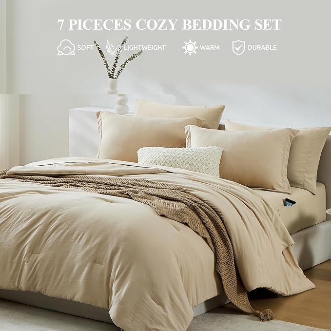 WRENSONGE Super King Plus Size Comforter Set- 7 Pieces Beige Bed in a Bag Super King Plus with Fitted Sheet, Flat Sheet, 2 Pillow Shams, and 2 Pillowcases- Warm Bed Set for All Season