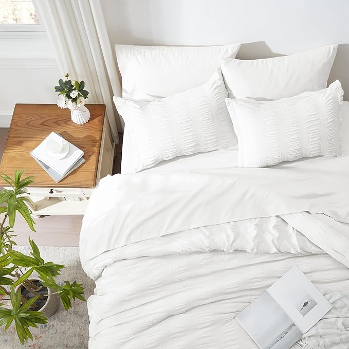 Zzlpp King Comforter Set 7 Pieces, White Seersucker Bed in a Bag with Comforter, Pillow Shams, Pillowcases, Flat Sheet, Fitted Sheet