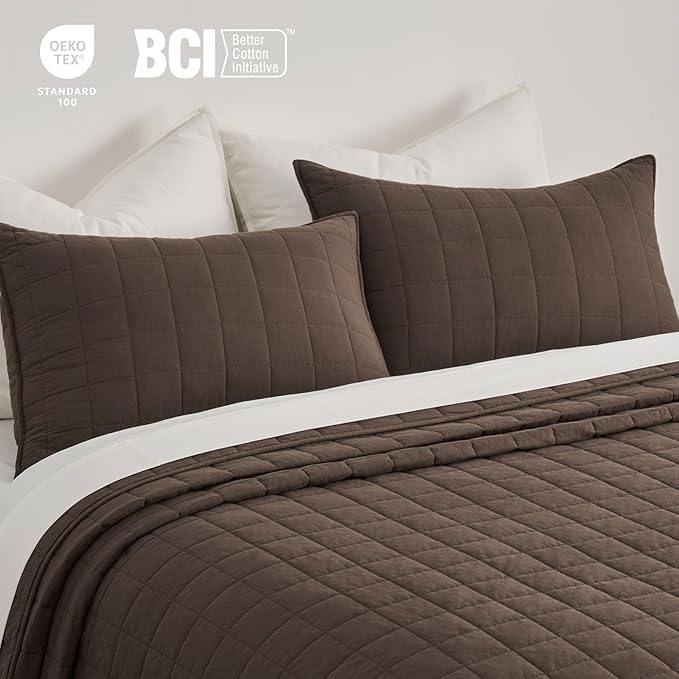 EVERGRACEHOME 100% Cotton Box Stitch Quilt Bedding Set King Size 3 Pieces, Garment-Washed Lightweight Soft Cozy Coverlet, Oversized Quilted Bedspread Sets with 2 Shams for All Season, Cocoa Brown