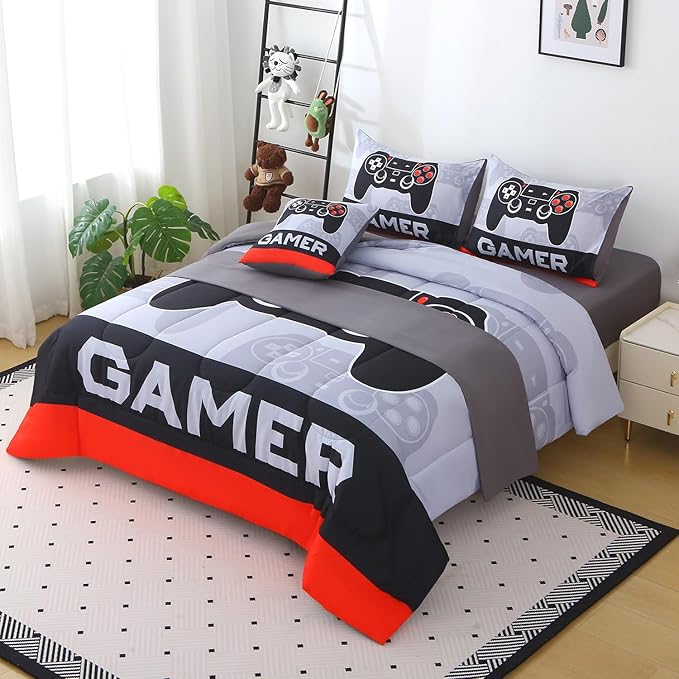 JQinHome Twin Gamer Comforter Sets for Boys,6 Piece Bed in A Bag 3D Video Gamer Bedding -All Season Microfiber Gaming Bedding Set for Kids, with Sheet Sets(Cyber Red)