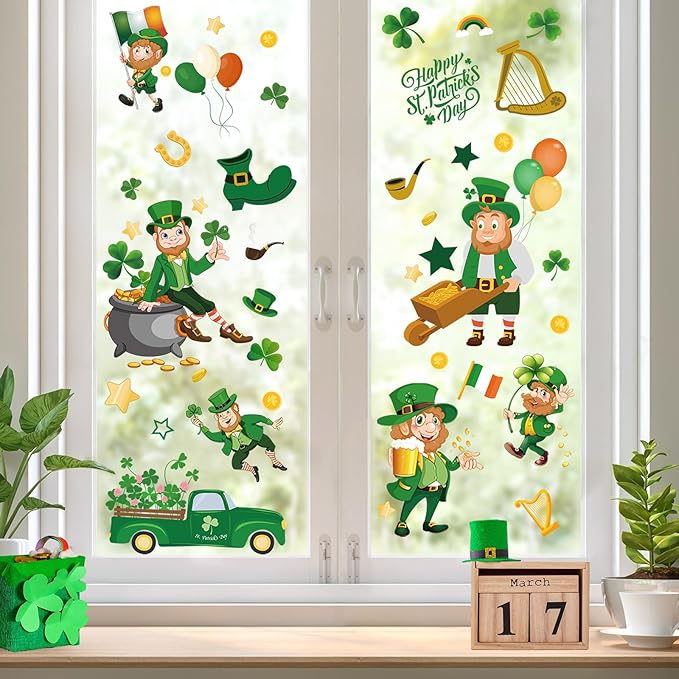 St Patricks Day Window Clings, Large Leprechaun Style Reusable Static Window Stickers for St Patricks Day Decorations