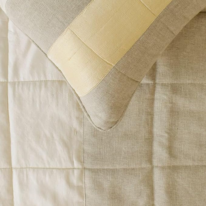The HomeCentric King/Queen/Twin Beige Decorative CA King 86"x18" Bed Runner Without Pillow Cover, Color Block, Patchwork, Quilted, Silk, Linen & Striped Bed Scarf on Linen & Silk Fabric - Alikka