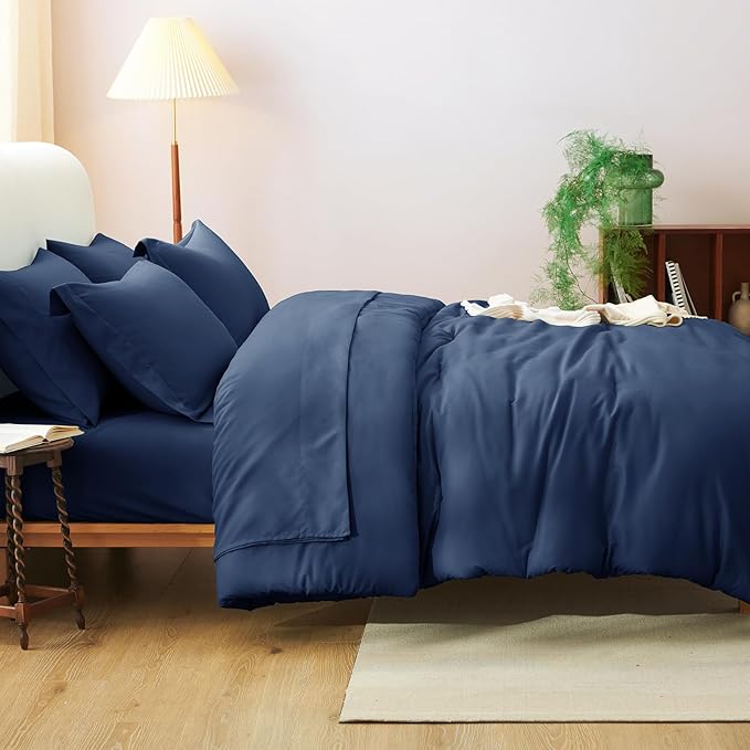 CozyLux Queen Comforter Set Navy Blue, 7 Pieces Bed in a Bag Bedding Comforter Set with Sheets, All Season Boho 7PC Bed Sets with Comforter, Fitted Sheets, Flat Sheets, Pillow Shams and Pillowcases