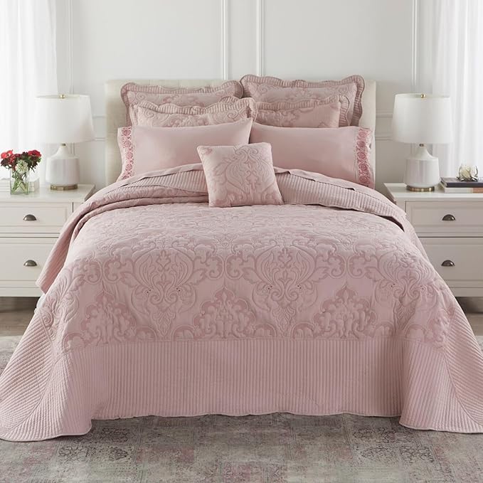 BrylaneHome Bedding Lightweight All Season Modern Amelia Quilted Damask Oversized Ultra Soft Bedspread - King, Seaglass
