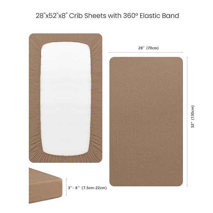Konssy Muslin Crib Sheets for Girl Boy, 2 PCS Soft and Breathable Cotton Baby Sheets for Standard Crib Mattress, 52"x 28" (Brown, Cream)
