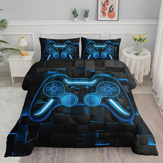 Axolotl Gamepad Comforter Set King Size,Boys Gaming Console Comforter,3D Blue Grid Print Bedding Set,Modern Gaming Controller Geometry Bedding for Adult Teens Men,1 Quilt 2 Pillowcases,Blue Black