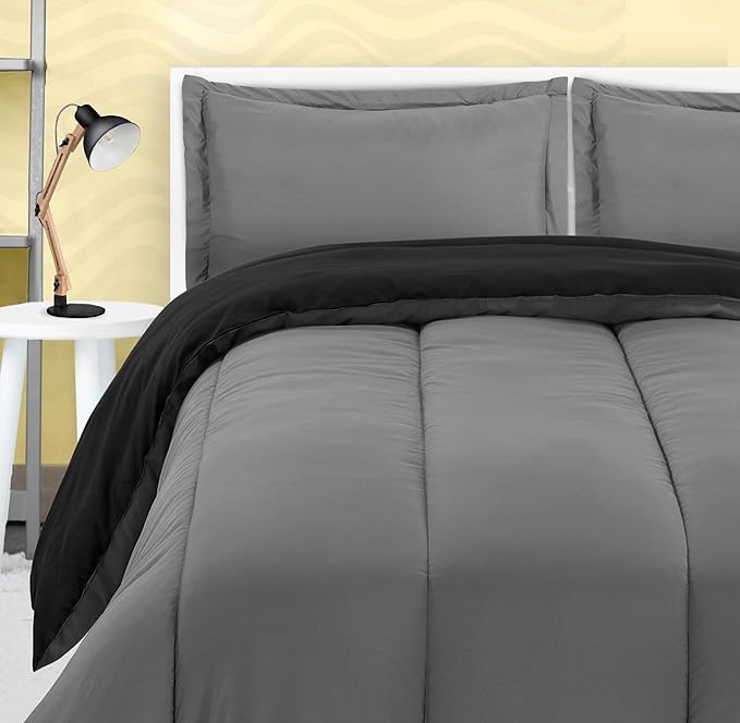 Utopia Bedding All Season Reversible Black and Grey Comforter Set with 2 Pillow Cases, 3 Piece Soft Brushed Microfiber Kids Bedding Set for Boys/Girls, Machine Washable (Twin)