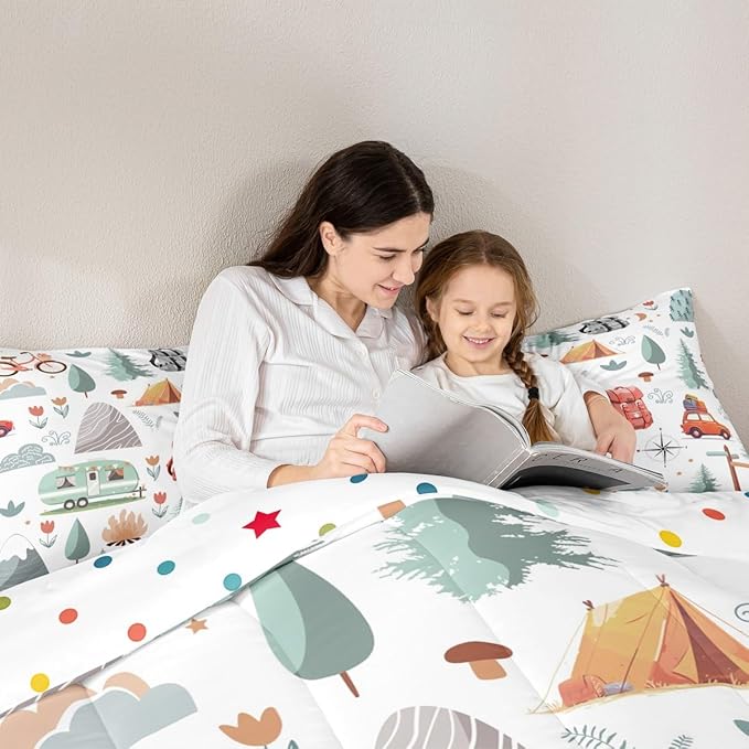 Kids Camping Comforter Set King, Car Bedding Set for Boys Girls, Travel Car Camper Accessories Bed Set, Botanical Floral Mountain Adventure Quilt, Cute Camper Duvet Insert Rv Decoration 3Pcs