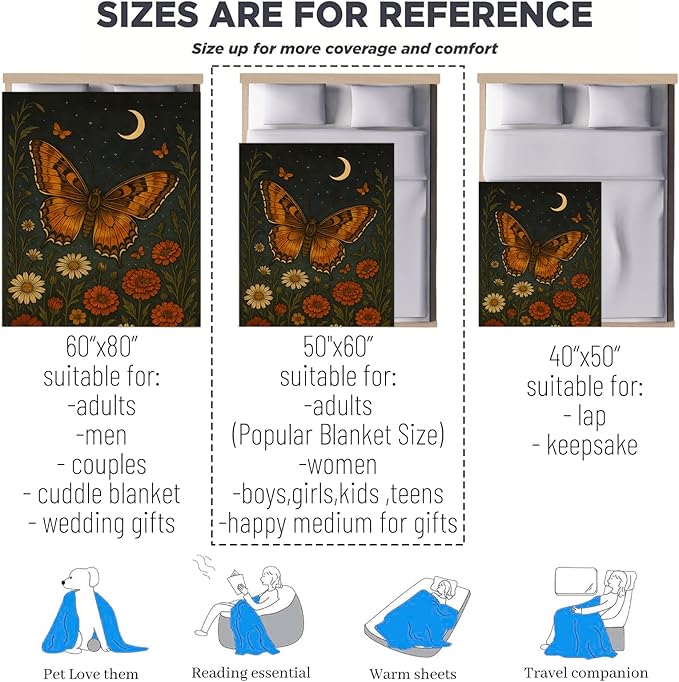 Butterfly Gifts, Orange Butterfly and Moon Theme Flannel Blanket for Women, Gothic Birthday Throw Blankets for Kids, Girls, Travel Camping Sofa Living Room Decor 50x60 in