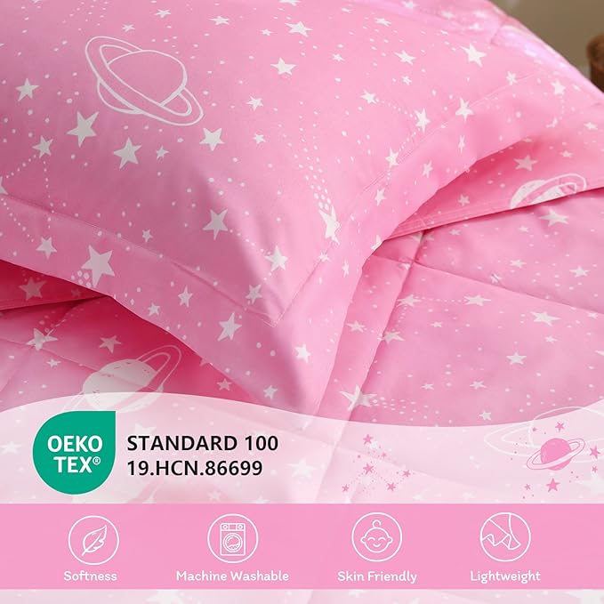 JSD Gradient Pink Stars Kids Comforter Set Twin Size, 2 Piece Space Theme Girls Printed Microfiber Bedding Set, Machine Washable