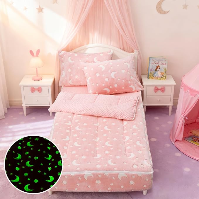 A Nice Night Star Moon Plush Zippered Comforter Set Zipper Bedding Glow in The Dark for Child, Twin,Pink