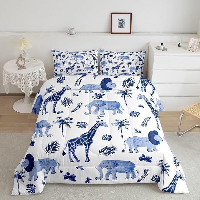Feelyou Jungle Animals Comforter Toddler Size Elephant Lion Giraffe Animal Bedding Sets African Safari Animal Comforter Set for Kids Boys Girls Hunter Blue Rust Wildlife Down Comforter