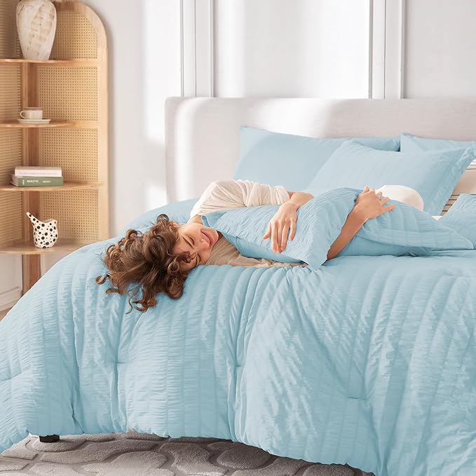 MUXHOMO 7 Pieces California King Comforter Set, Seersucker Bed in a Bag Cal King Size, All Season Luxury Bedding Set with Comforter, Flat Sheet, Fitted Sheet, Pillowcases & Shams, Lake Blue
