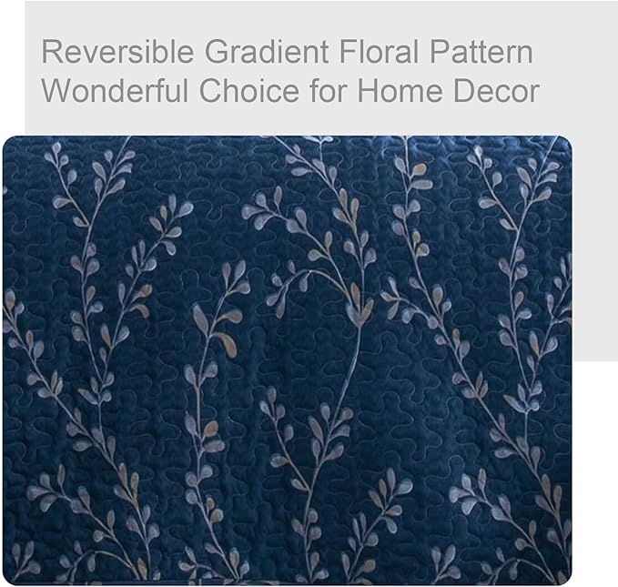 Exclusivo Mezcla Reversible Boho Quilts King Size, Navy Bedspreads Lightweight Coverlet All Season Flowers Quilt Bedding Set with Printed Floral Pattern (1 Quilt, 2 Pillow Shams)