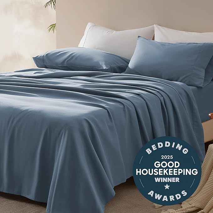 SLEEP ZONE Nanotex Super Soft Cooling Kids Bed Sheets Set Twin XL 3 Piece - Easy Care Fitted Flat Sheet & Pillowcase Sets - Wrinkle Free, Fade Resistant, Deep Pocket 16" (Flint Blue, Twin XL)