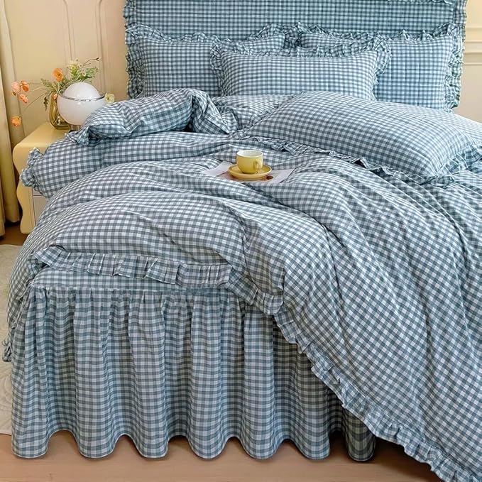 LifeTB Blue Gingham Comforter Set Full Size Ruffle Plaid Grid Bed Comforter Set with 2 Pillowcases Lightweight Gingham Bedding Set Soft Fluffy Farmhouse Plaid Checkered Pattern Comforter Full Size