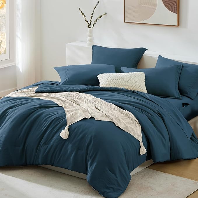WRENSONGE Queen Comforter Sets- 7 Pieces Soft Serenity Blue Bed in a Bag with Fitted Sheet, Flat Sheet, 2 Pillow Shams, and 2 Pillowcases- Warm Bedding Sets Queen for All Season