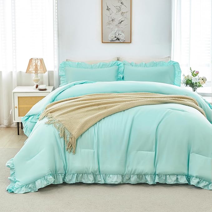 ANGIYUIN 5Pcs Queen Size Comforter Sets Mint Green Ruffle Bedding Sets Vintage Farmhouse Bed Sets Solid Elegance Bed in A Bag for Women Men（Mint Green Queen）