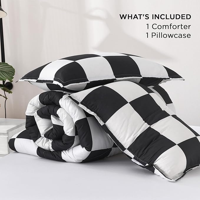Andency Checkered Comforter Twin XL(68x92Inch), Black White Plaid Gingham Buffalo Grid Bed Set for Students Boys Kids Teens, 2 Pieces Lightweight Microfiber Geometric Dorm Bedding