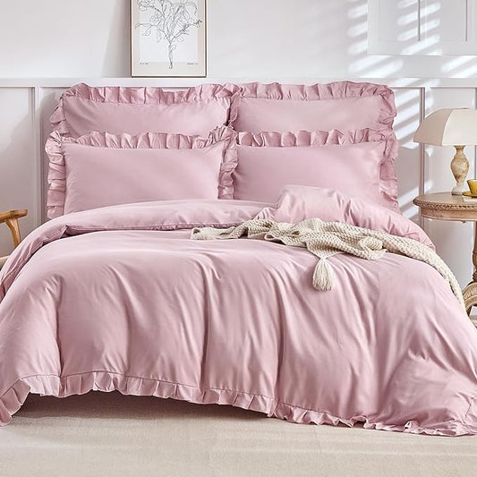 Lekesky Ruffle Duvet Cover Queen Size, Farmhouse Shabby Chic 3 Pieces Washed Microfiber Pink Girls Bedding Set, Soft Aesthetic Queen Comforter Cover with Ruffled Edges, Zipper & Corner Ties