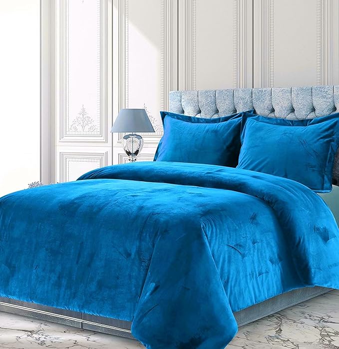 Turquoise Blue 3 Pieces Velvet Comforter Set Full Size (Comforter + 2 Pillowcases) Crinkle Crushed 400 GSM