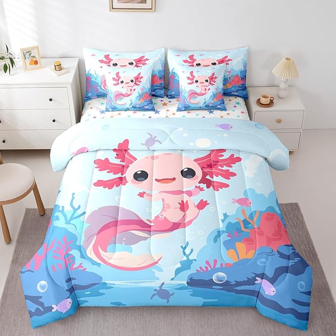 Feelyou Boys Girls Cute Axolotl Bed in A Bag Queen Size, Ocean Sealife Comforter Set with Sheets Kids Cartoon Salamander 7 Pieces Bedding Sets Kawaii Teens Bed Set Bedroom Decor