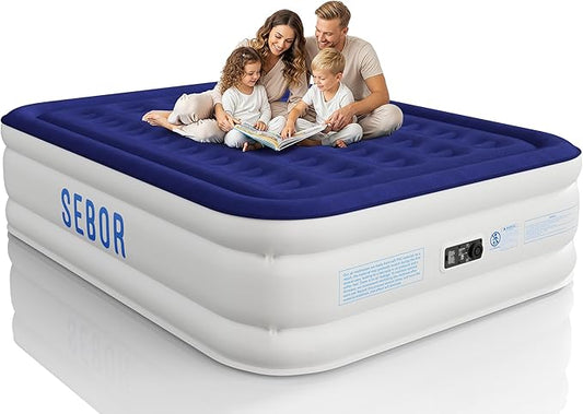 Sebor Air Mattress Queen with Built-in Pump 18", Comfortable Self-Inflating Air Mattress with High-Speed Pump, Durable Blow Up Mattress Queen with Storage Bag for Guests, Camping, Travel