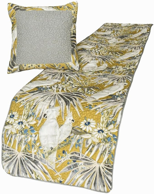 The HomeCentric King/Queen/Twin Grey & Yellow Decorative CA King 86"x18" Bed Runner with Pillow Cover, Cockatoo Bird & Quilted Bed Scarf on Cotton Fabric - Cockatoo Love