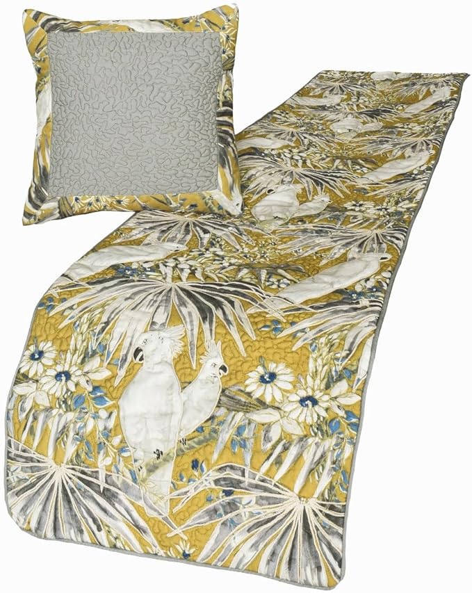 The HomeCentric King/Queen/Twin Grey & Yellow Decorative CA King 86"x18" Bed Runner Without Pillow Cover, Cockatoo Bird & Quilted Bed Scarf on Cotton Fabric - Cockatoo Love