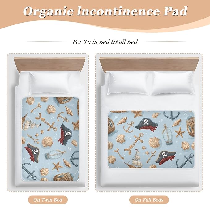 Waterproof Bed Pad Reusable Changing Pad Toddler Mattress Protector Large Pee Pad Baby Diaper Pad Soft Washable Liner Blue Pirate Hats Anchors Seashells