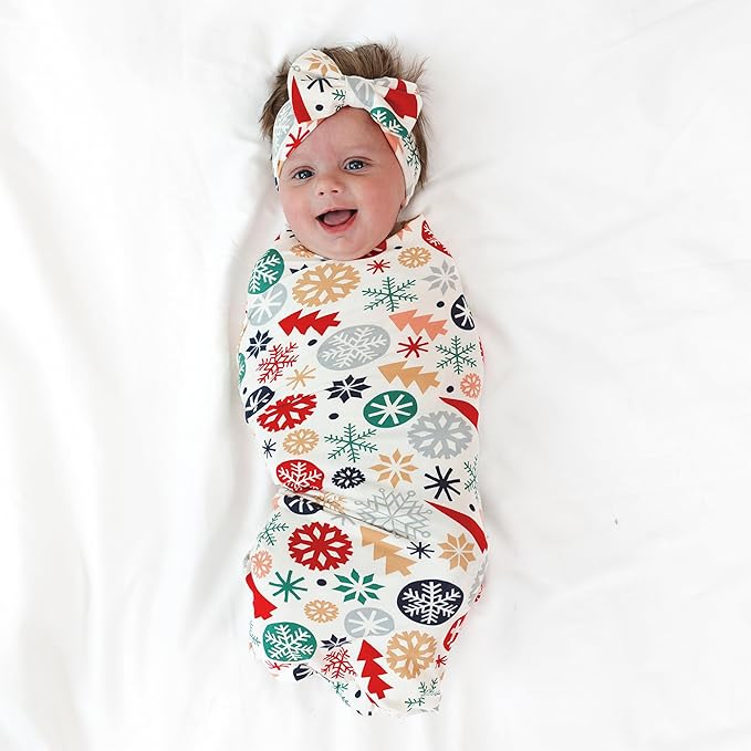 Little Sleepies Swaddle & Headband Bow Set, Viscose from Bamboo Baby Swaddles, Newborn Baby Girl Clothes (Luxe Modern & Merry)