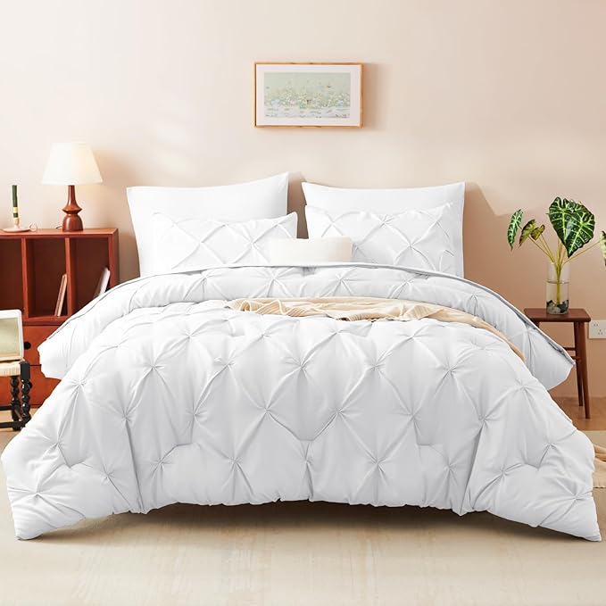 Queen Comforter Set White, 7 Pieces Pintuck Bed in A Bag Queen Size Bedding, Soft Bed Set All Season Pinch Pleat Comforter Set with Sheets, Pillowcases & Shams