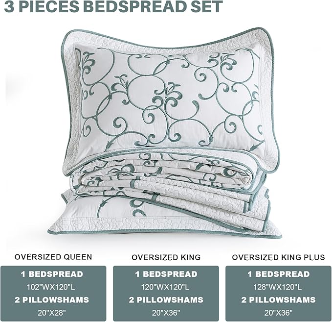 Oversized King Bedspread 120"x120" - 100% Cotton California King Quilt, Embroidered Bedspread Coverlet with Pillow Shams, Lightweight Quilted Bedding Set 3 Piece, Aqua Blue/White