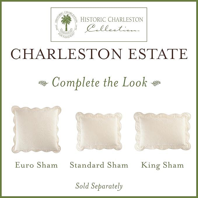 Charleston Estate Modern Farmhouse Floral Matelasse Bedspread with Scalloped Edges, 100% Cotton Breathable Bedding, Full/Queen, Ivory Floral