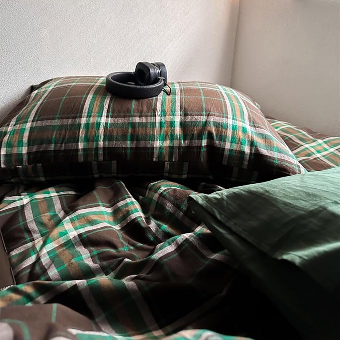 LifeTB Brown Green Plaid Comforter Set Full Size, 3 Pieces Vintage Checkered Pattern Comforter Buffalo Plaid Gingham Comforter Set with 2 Pillowcases, Soft Farmhouse Grid Bedding Set for All Seasons