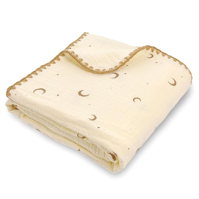 Double Layered 100% Cotton Muslin Baby Blanket Ultra-Soft 40x40 Inch Swaddling Nursery Crib Blanket（Moon Stars）