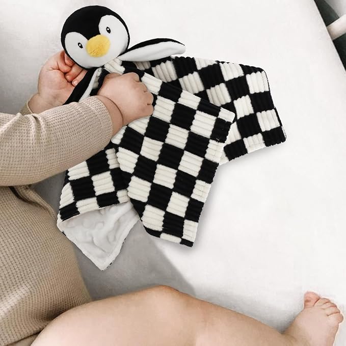 Baby Lovey Blanket for Boys Girls Super Soft Checkerboard Gingham with Minky Dot Fabric Backing Penguin Stuffed Animal Lovely Snuggle Toy Black 14 Inch
